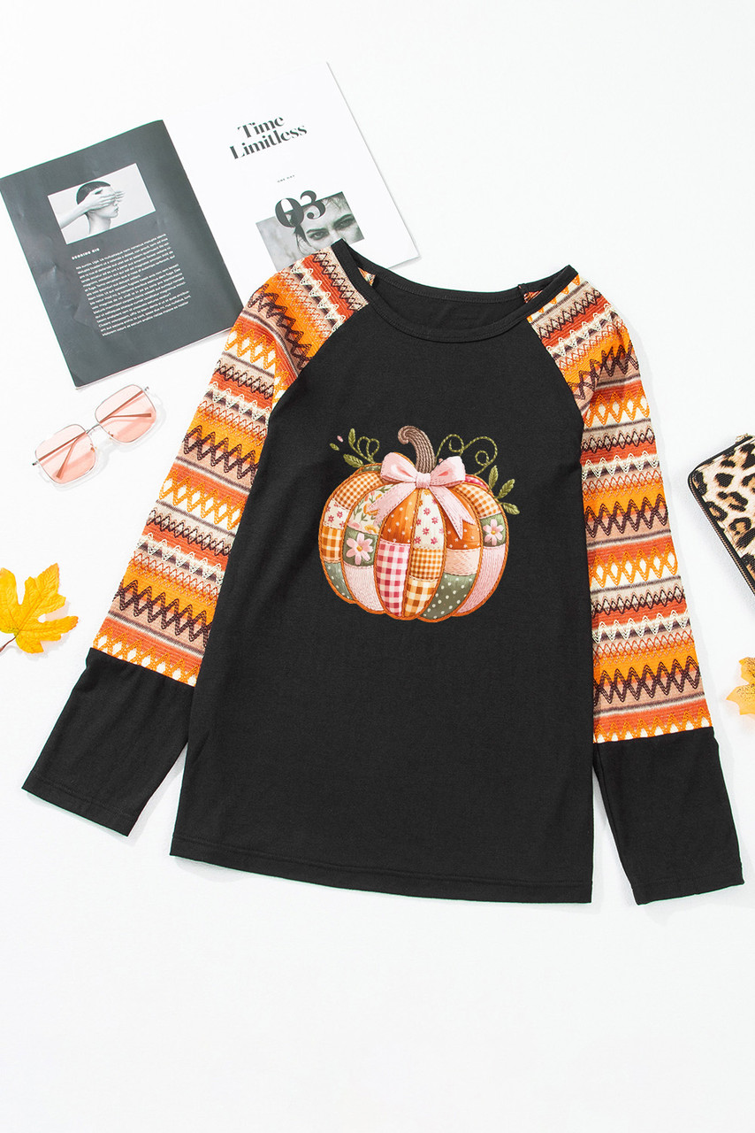 Orange Cute Pumpkin Graphic Geo Print Raglan Long Sleeve Tee