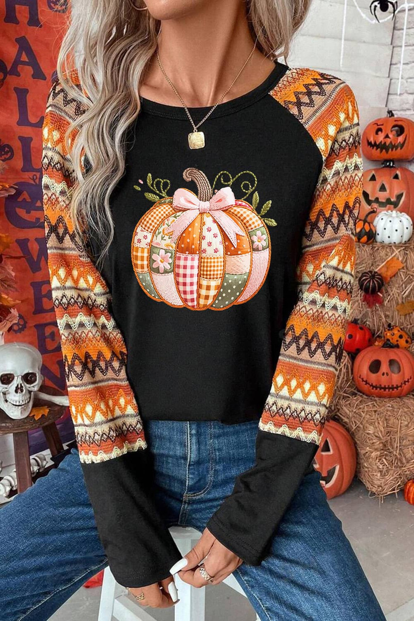 Orange Cute Pumpkin Graphic Geo Print Raglan Long Sleeve Tee