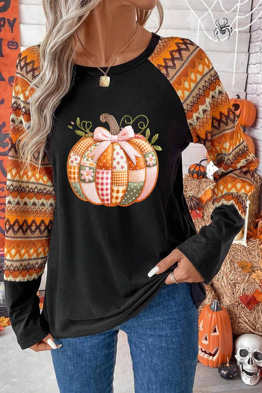 Orange Cute Pumpkin Graphic Geo Print Raglan Long Sleeve Tee