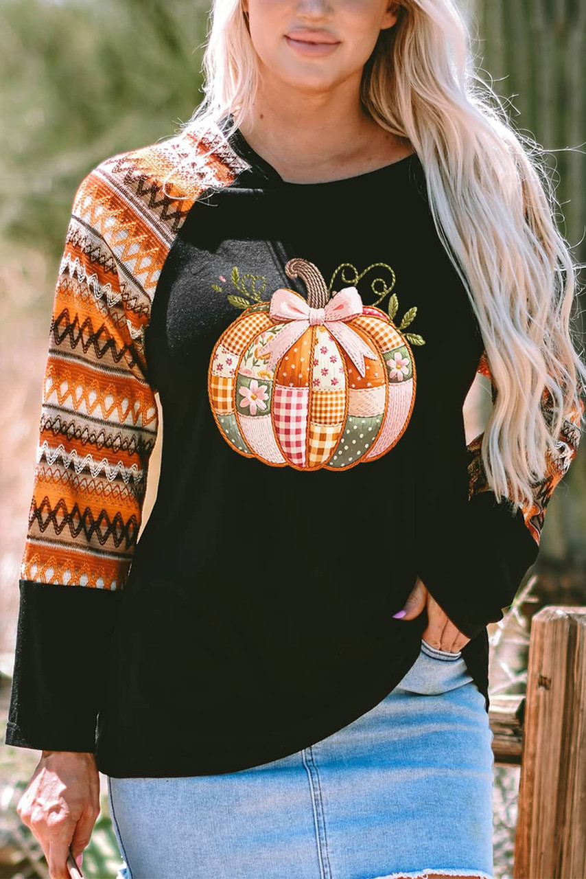 Orange Cute Pumpkin Graphic Geo Print Raglan Long Sleeve Tee