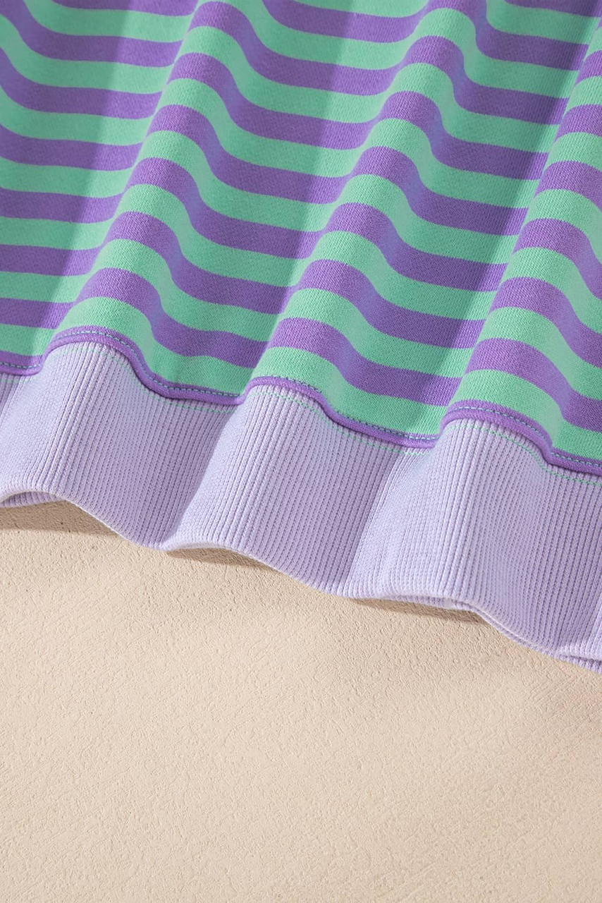 Blue Stripe Contrast Ribbed Trim Crossed Stitch Drop Shoulder Sweatshirt