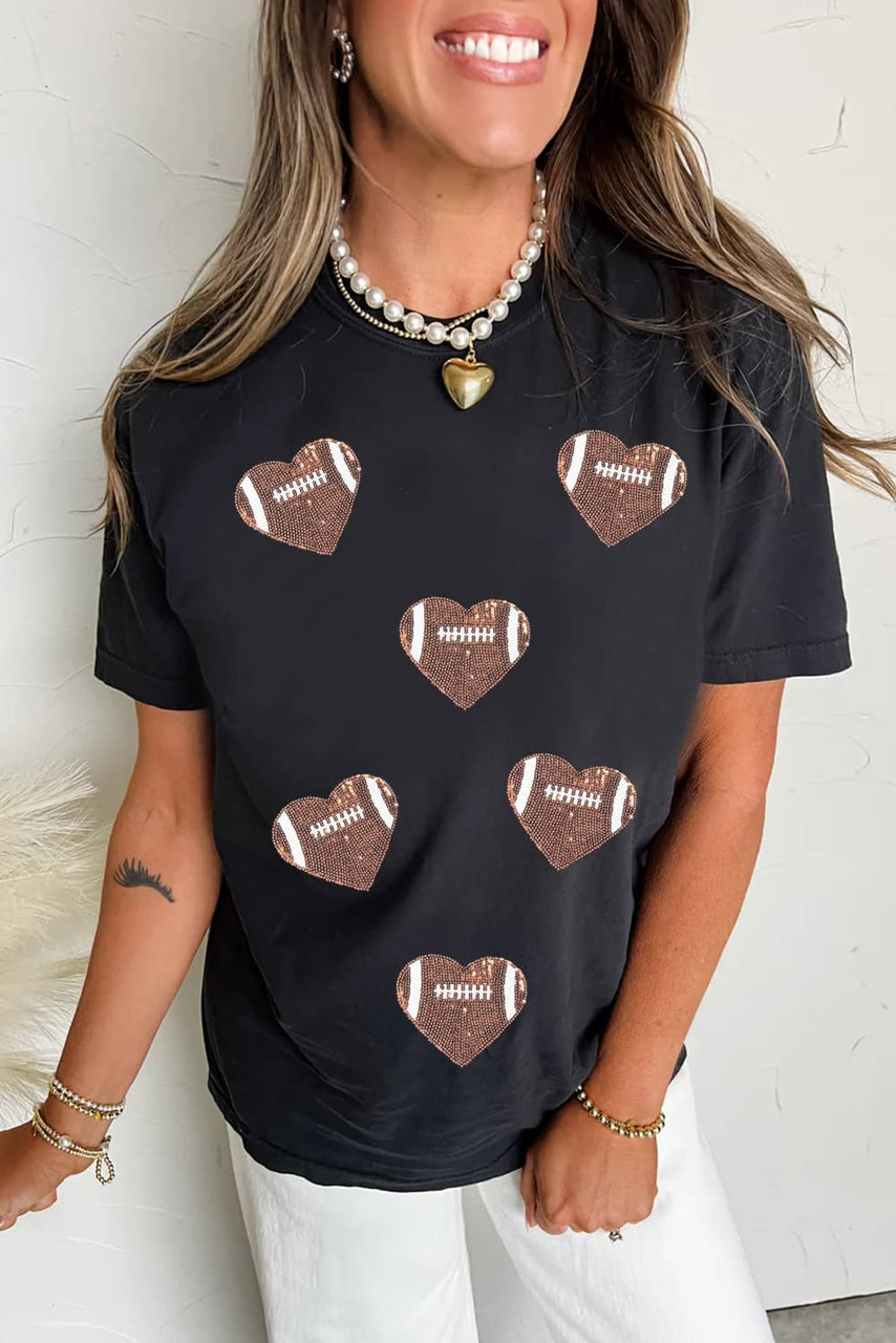 Black Rugby Football Sequin Heart Patched Graphic Tee
