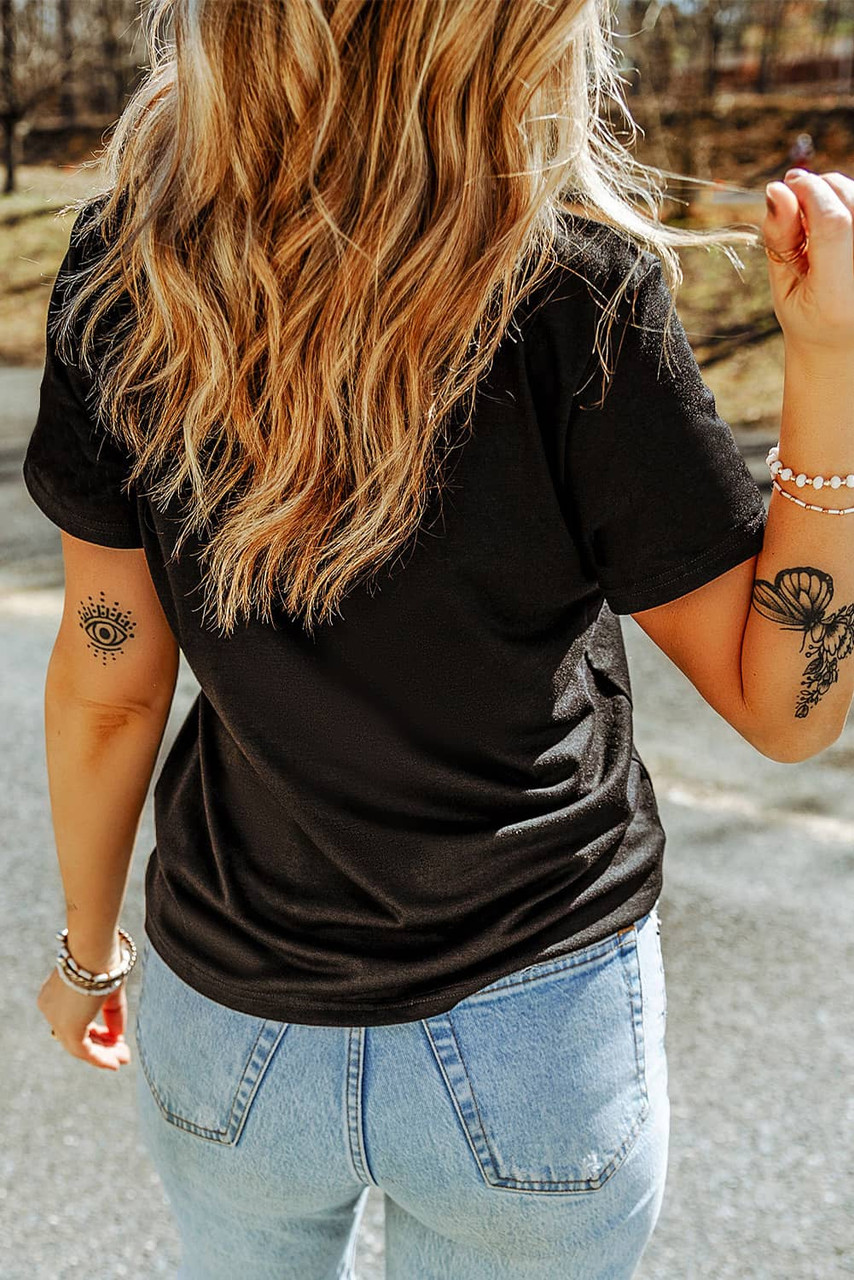 Black Rugby Football Sequin Heart Patched Graphic Tee