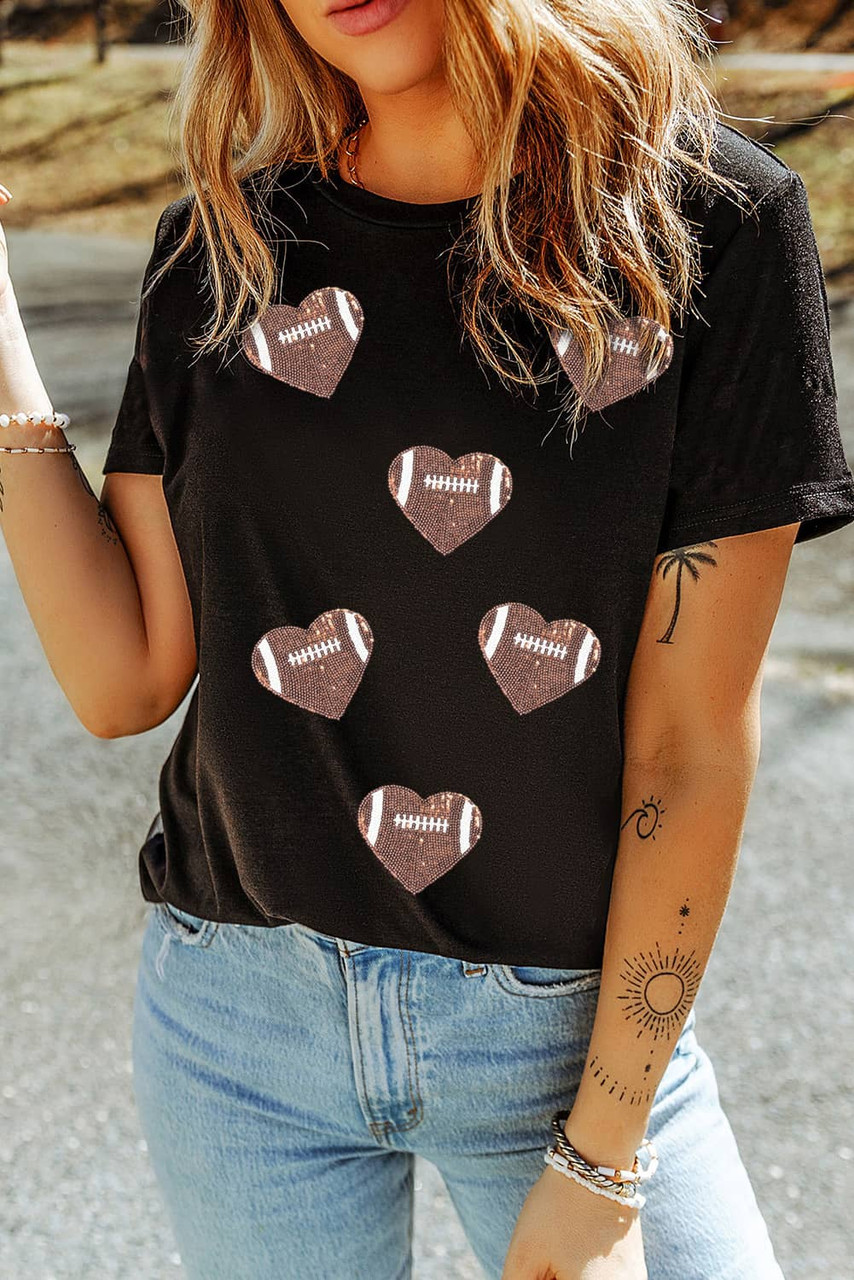 Black Rugby Football Sequin Heart Patched Graphic Tee