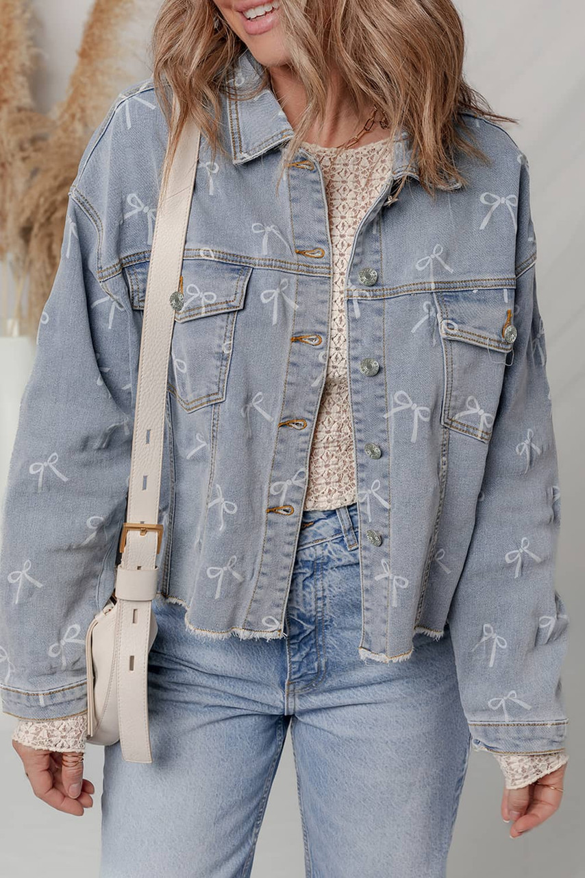 Sky Blue Bow Knot Print Light Wash Raw Hem Denim Jacket Sky Blue Bow Knot Print Light Wash Raw Hem Denim Jacket