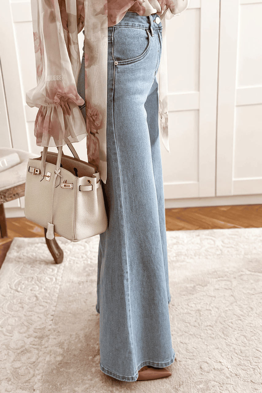 Beau Blue High Waist Button Zip Fly Bell Bottom Jeans