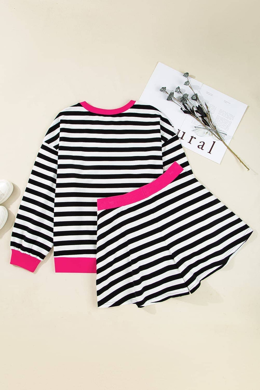 Black Stripe Color Block Edge Pullover and Shorts PLus Size Set
