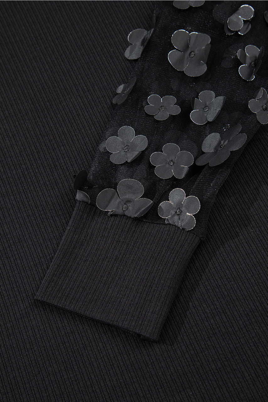 Black Flower Applique Mesh Long Sleeve V Neck Blouse