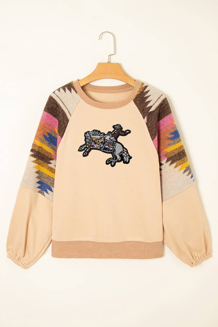 Light French Beige Sequined Rodeo Graphic Aztec Bubble Sleeve Patchwork Western Sweatshirt
