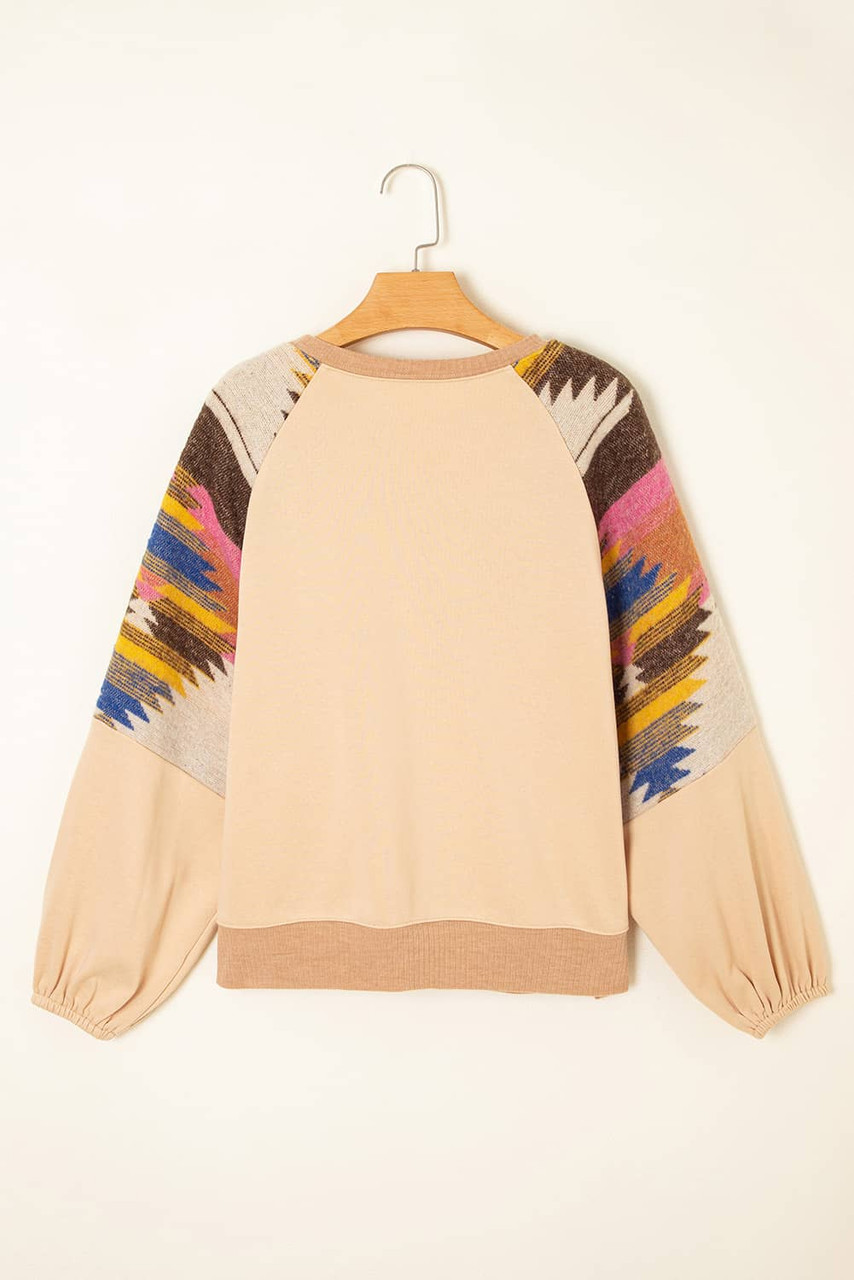 Light French Beige Sequined Rodeo Graphic Aztec Bubble Sleeve Patchwork Western Sweatshirt