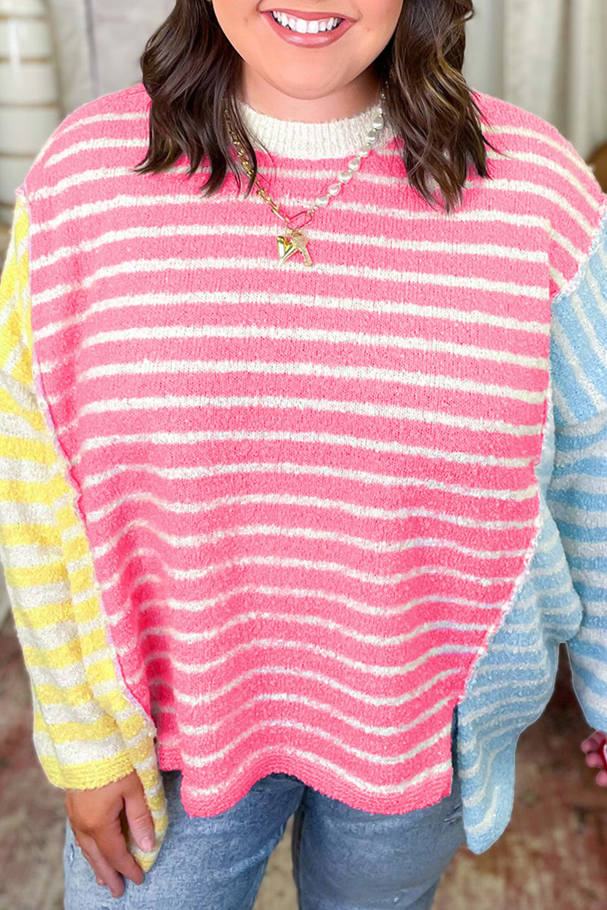 Multicolour Striped Exposed Seam Colorblock Patchwork Plus Size Sweater
