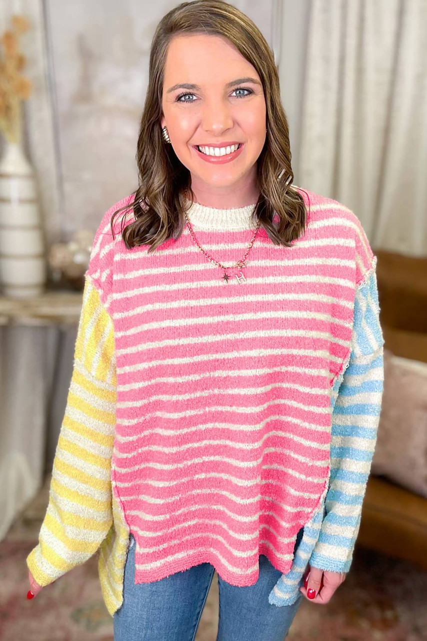 Multicolour Striped Exposed Seam Colorblock Patchwork Plus Size Sweater