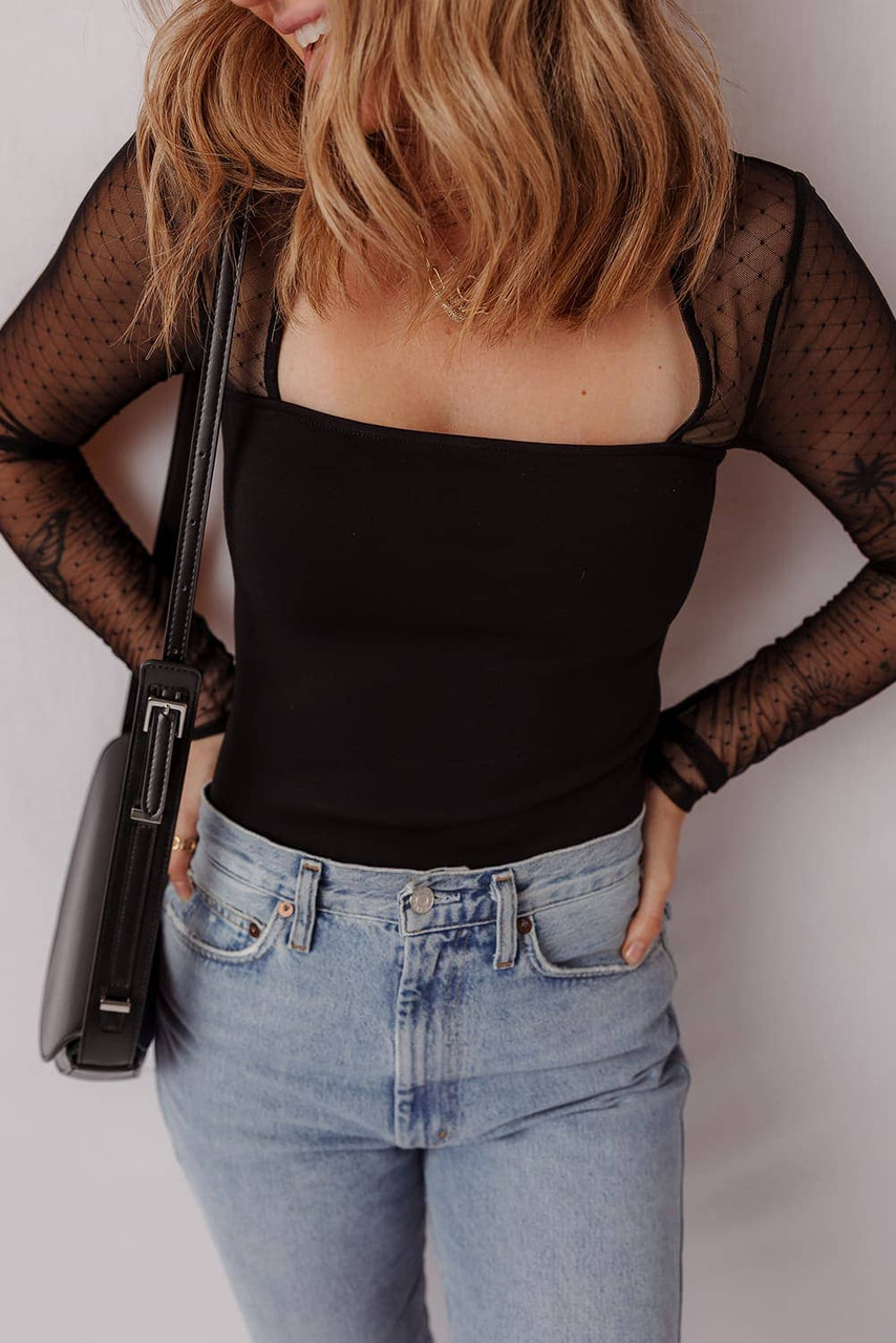 Black Polka Dot Mesh Long Sleeve Square Neck Bodysuit