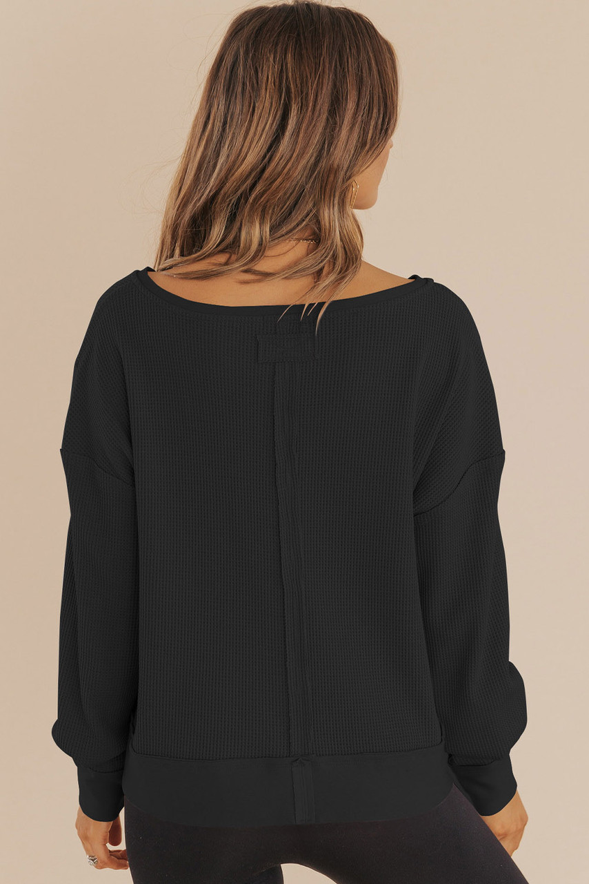 Black Waffle Knit Notched V Neck Drop Shoulder Solid Sweatshirt