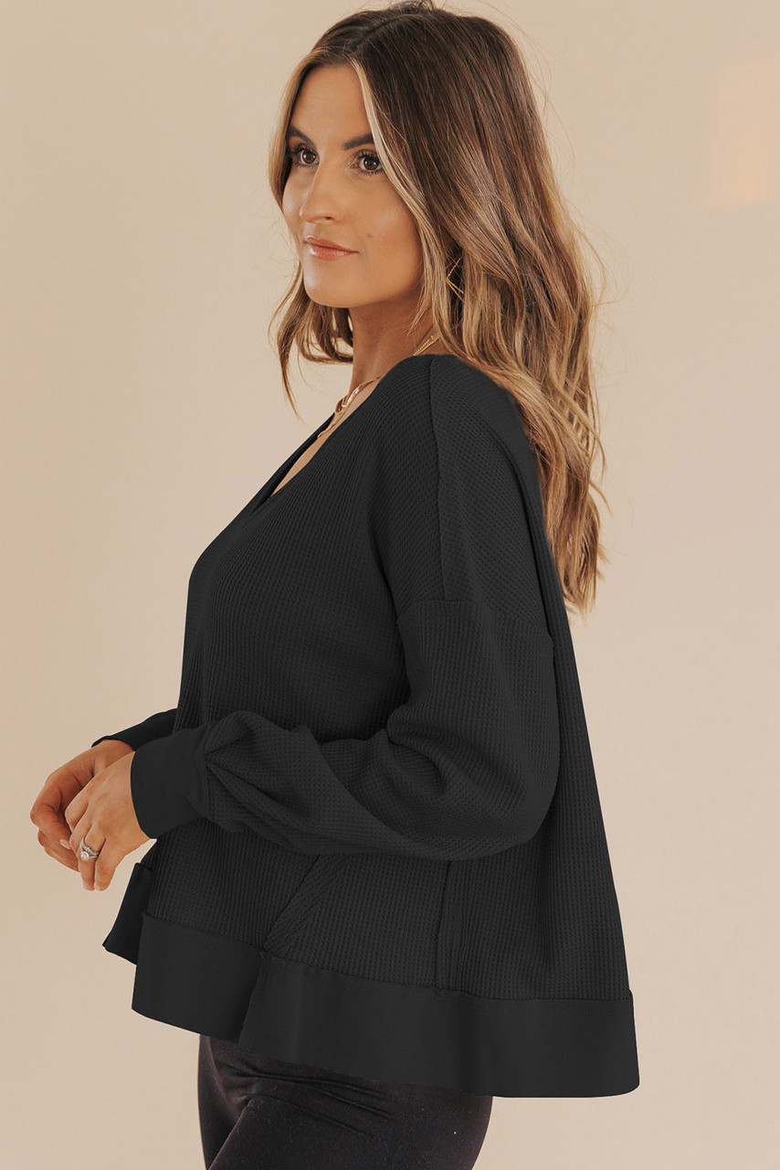 Black Waffle Knit Notched V Neck Drop Shoulder Solid Sweatshirt