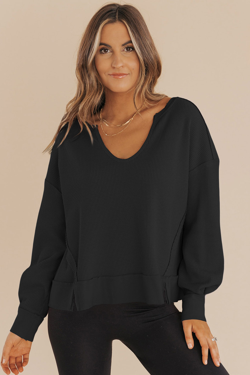 Black Waffle Knit Notched V Neck Drop Shoulder Solid Sweatshirt