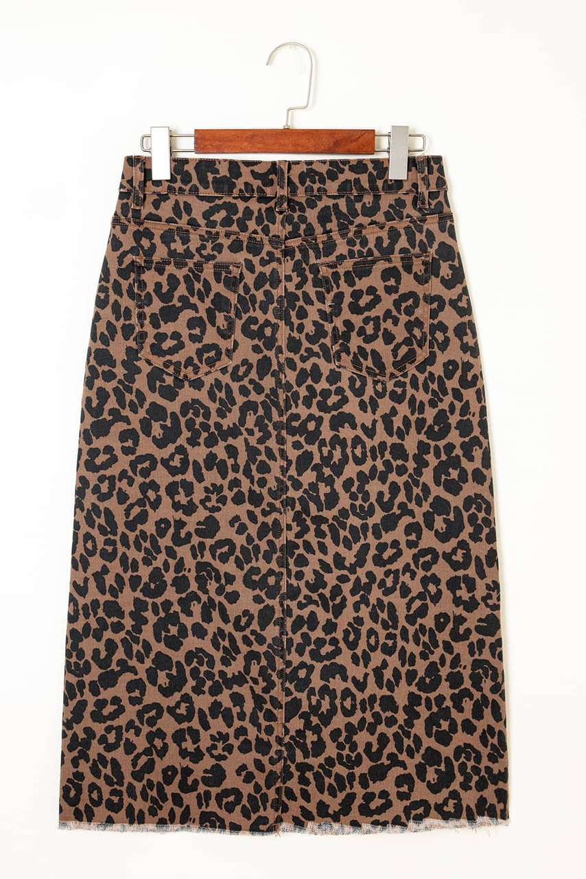 Brown Leopard Denim Frayed Split Denim Midi Skirt Brown Leopard Denim Frayed Split Denim Midi Skirt