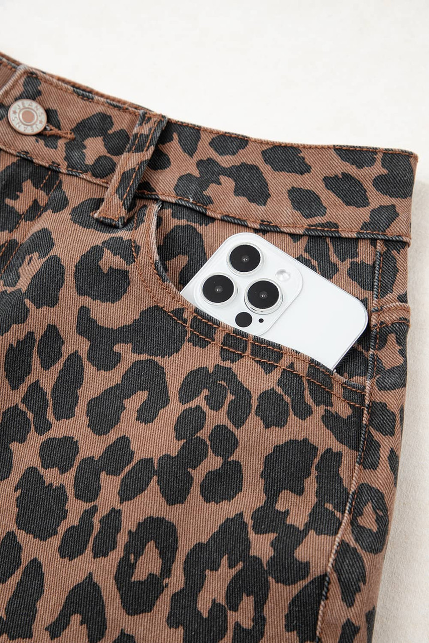 Brown Leopard Denim Frayed Split Denim Midi Skirt Brown Leopard Denim Frayed Split Denim Midi Skirt