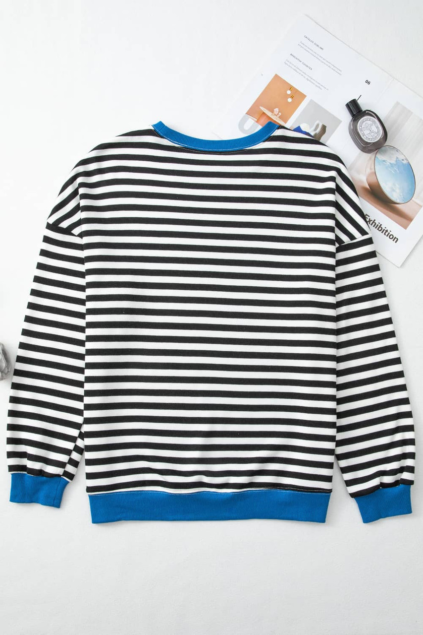 White Stripe Striped Contrast Ribbed Trim Crossed Stitch Drop Shoulder Sweatshirt