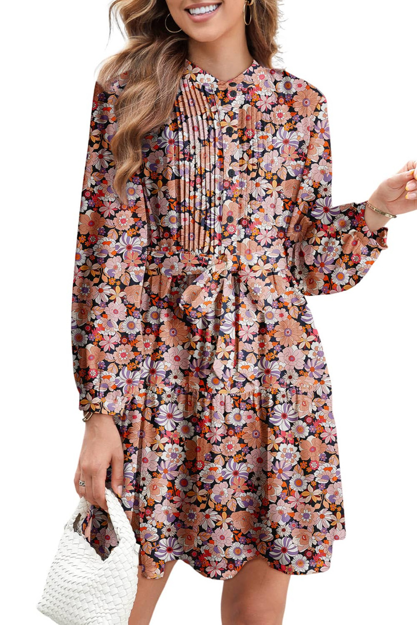 Multicolour Floral Print Long Sleeve Pleated Detail Bleted Mini Dress