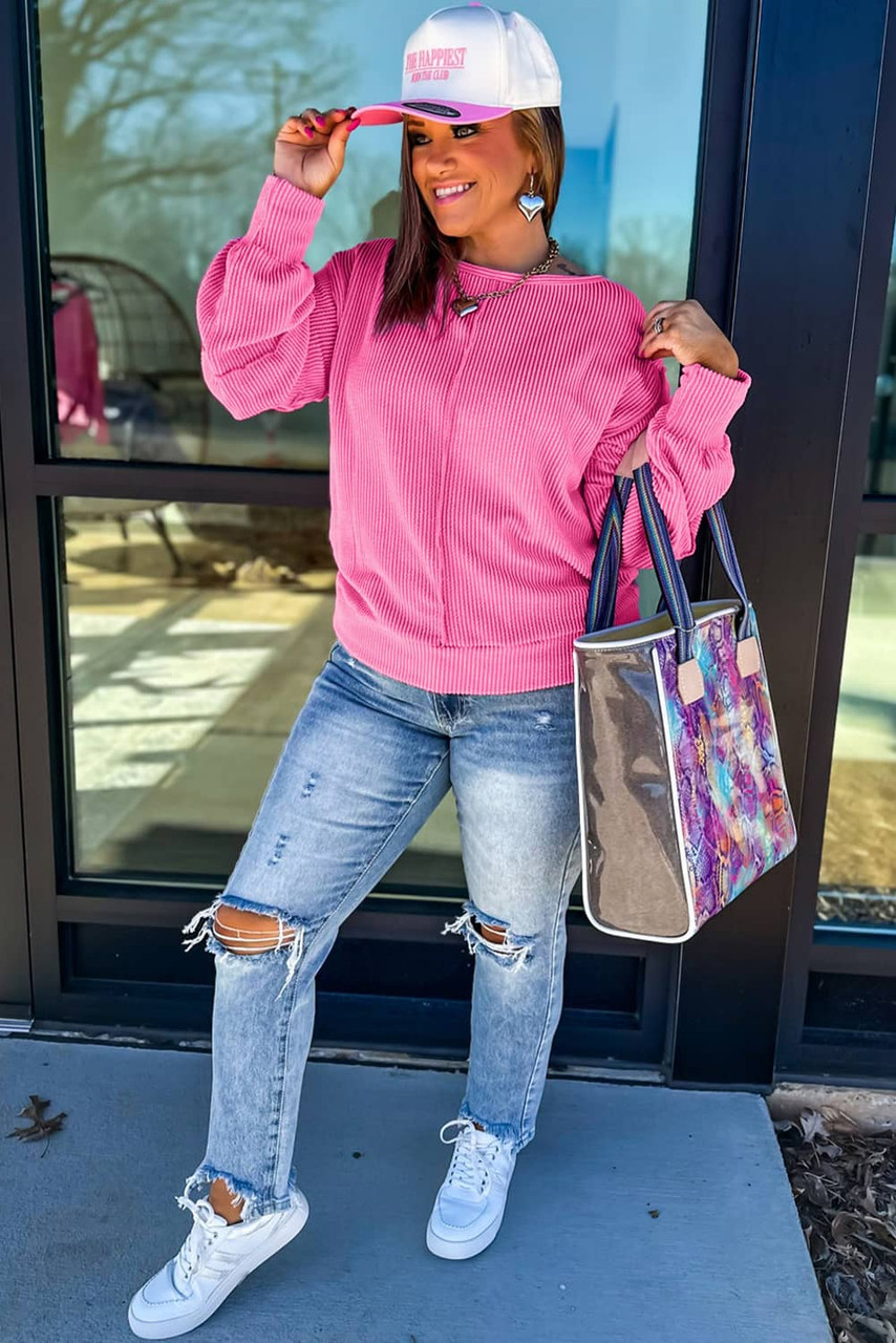 Bonbon Spiral Ribbed Exposed Seam Detail Plus Size Long Sleeve Top