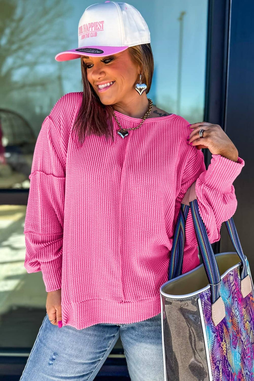 Bonbon Spiral Ribbed Exposed Seam Detail Plus Size Long Sleeve Top