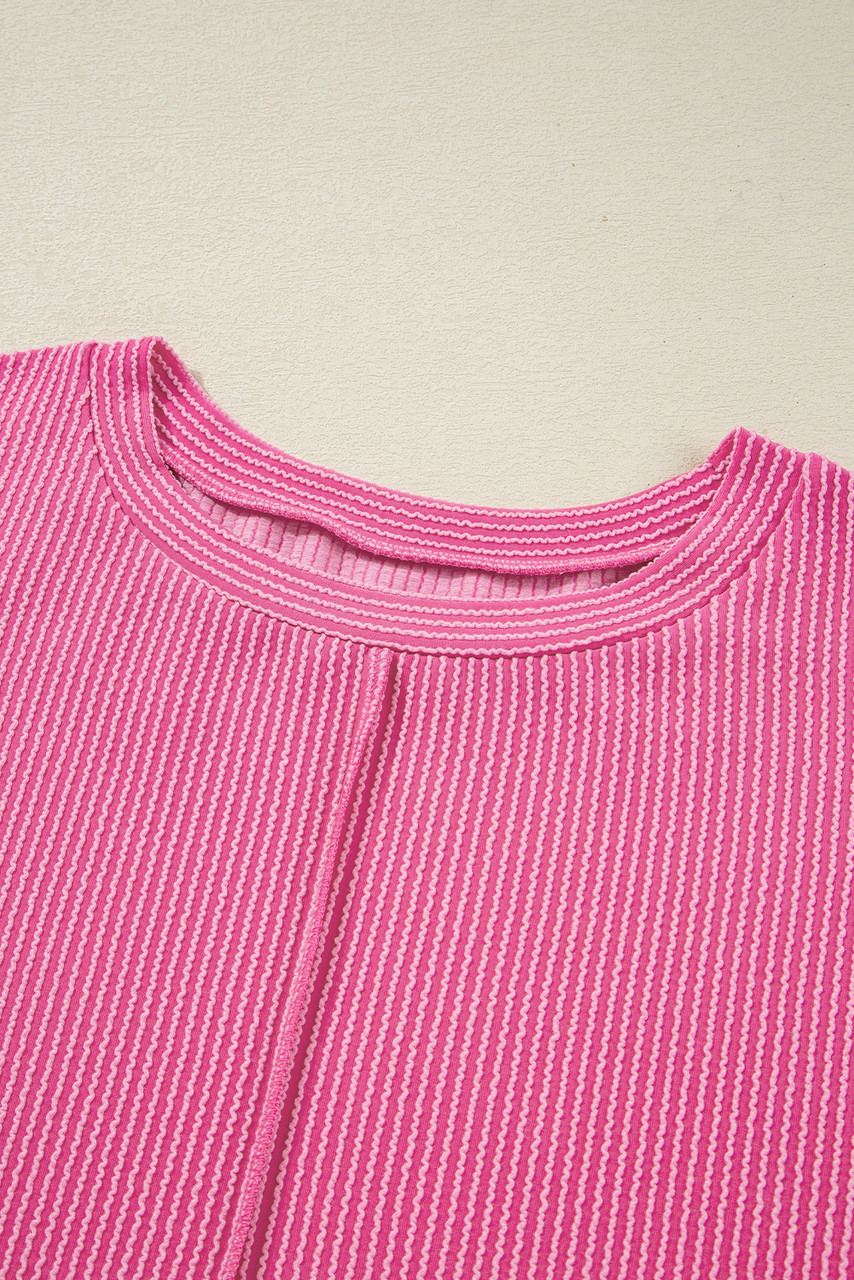 Bonbon Spiral Ribbed Exposed Seam Detail Plus Size Long Sleeve Top