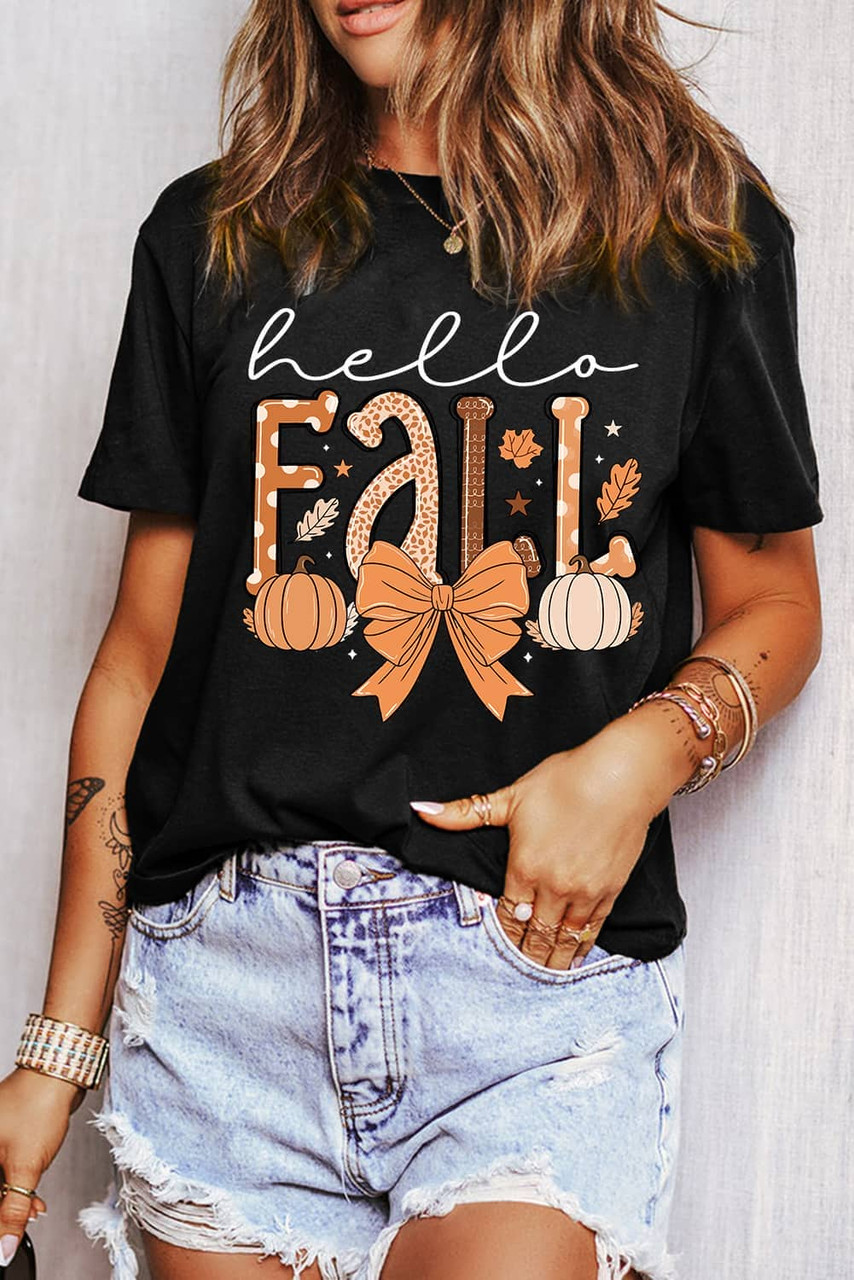Black Hello Fall Thanksgiving Bow Pumpkin Graphic Tee
