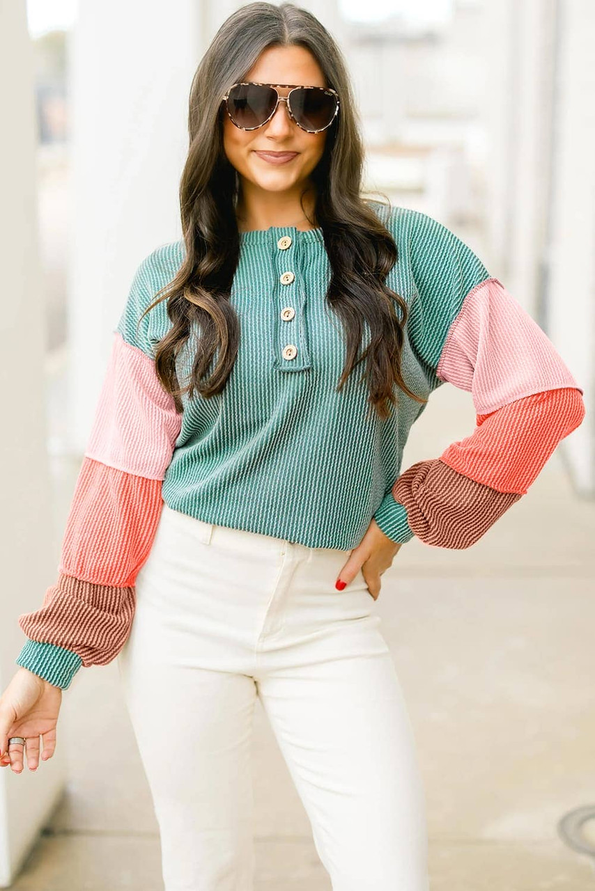 Multicolour Twisted Ribbed Knit Colorblock Henley Top