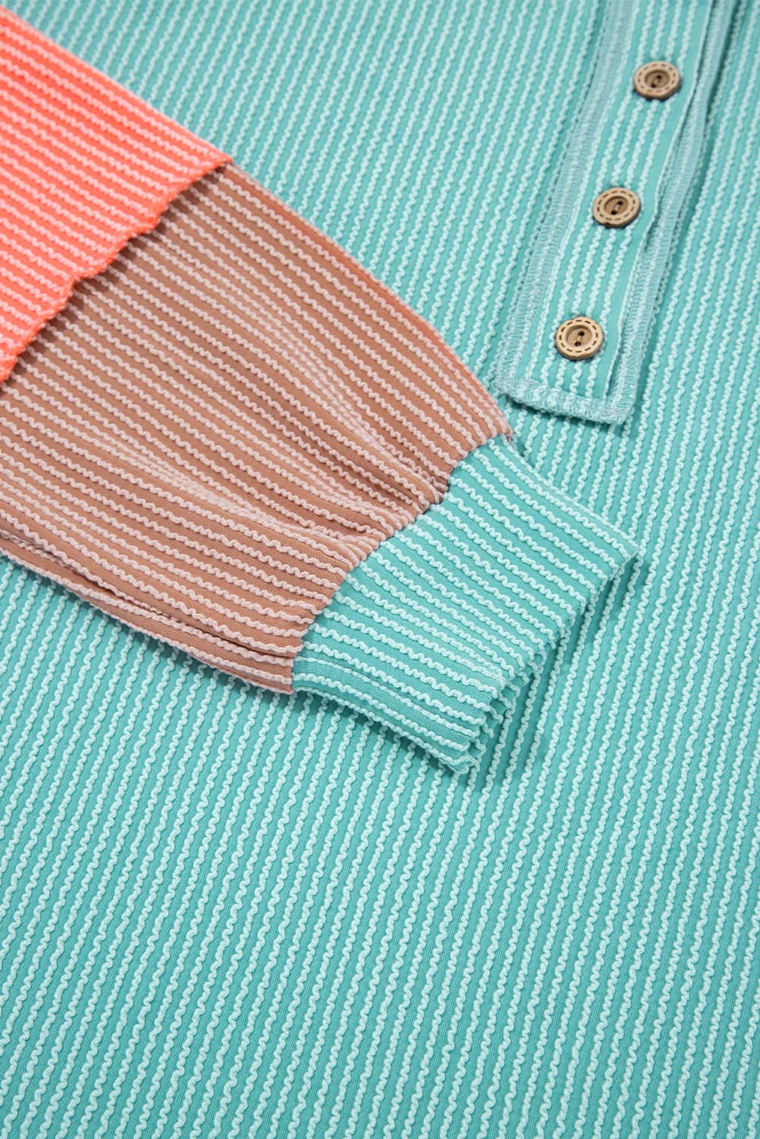 Multicolour Twisted Ribbed Knit Colorblock Henley Top