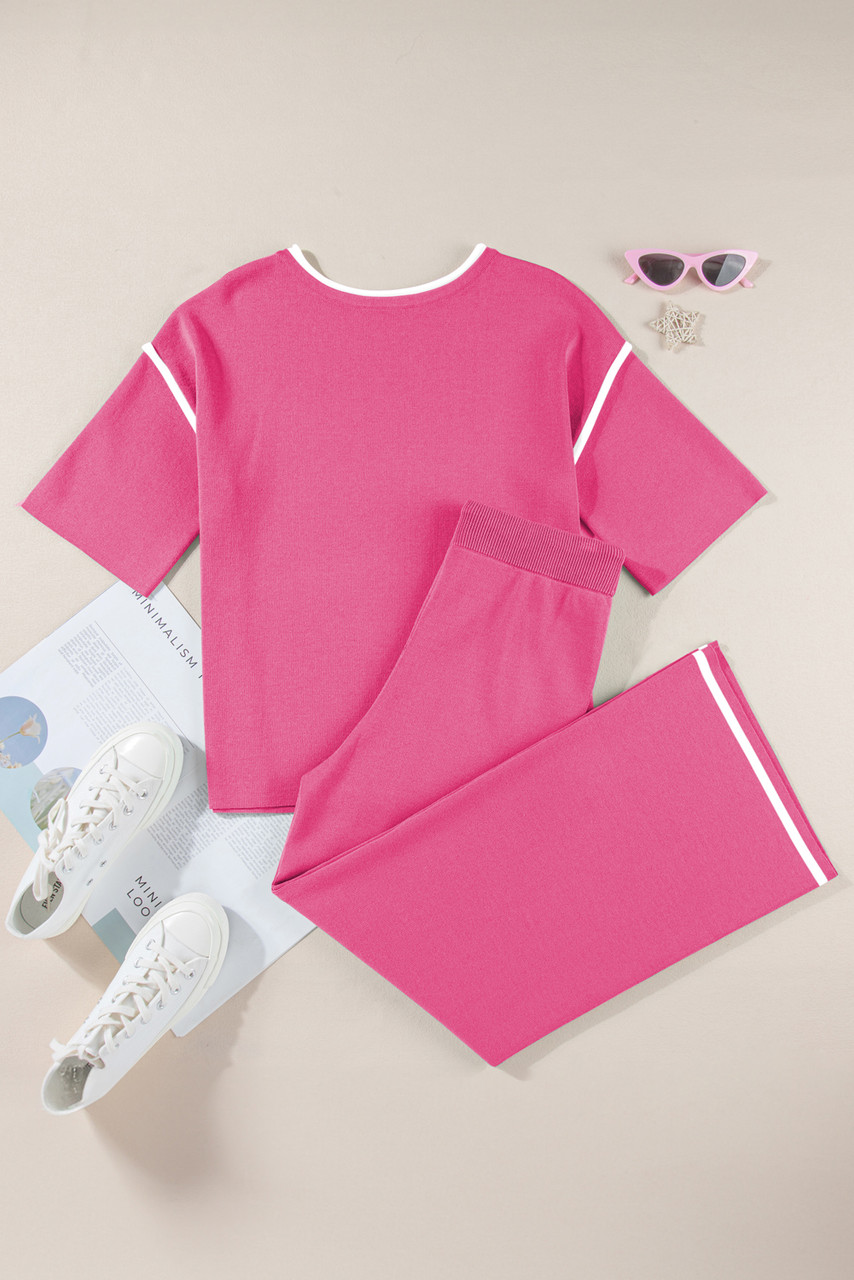 Bright Pink Contrast Trim Half Sleeve Top Drawstring Pants Loose 2pcs Sweater Suit