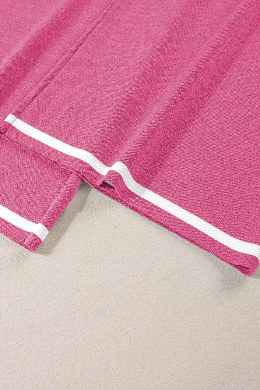 Bright Pink Contrast Trim Half Sleeve Top Drawstring Pants Loose 2pcs Sweater Suit