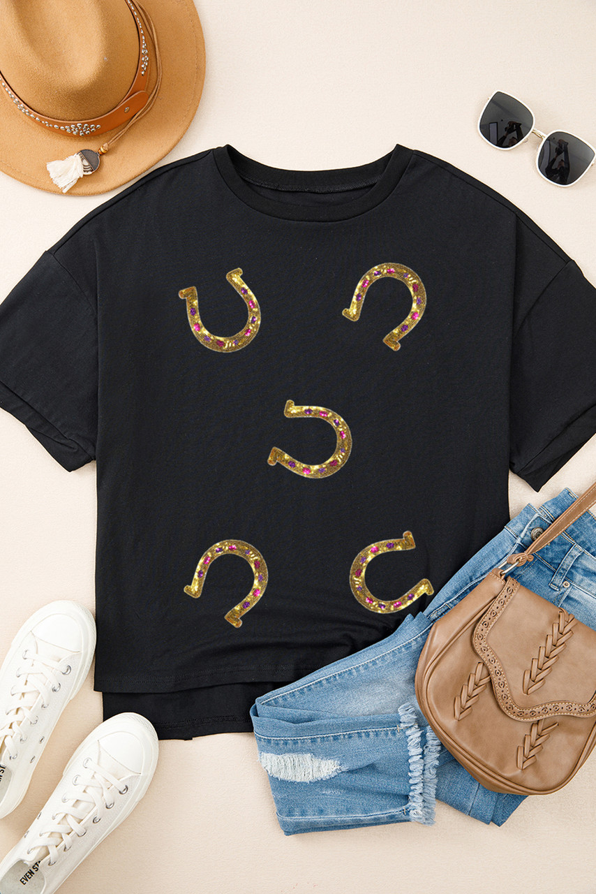 Black Western Shiny Horseshoes Pattern High Low Hem Casual T Shirt