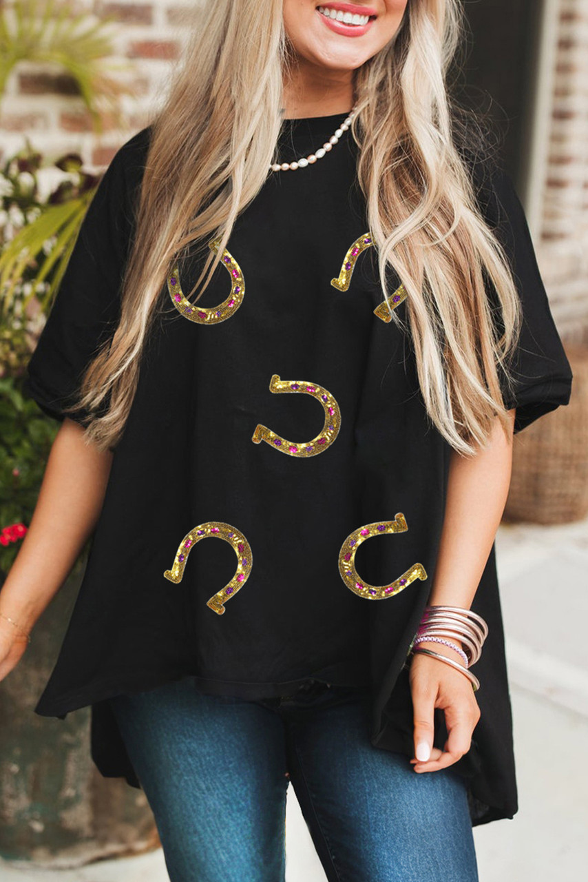Black Western Shiny Horseshoes Pattern High Low Hem Casual T Shirt