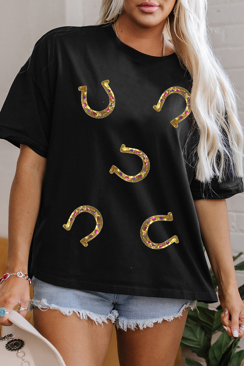 Black Western Shiny Horseshoes Pattern High Low Hem Casual T Shirt
