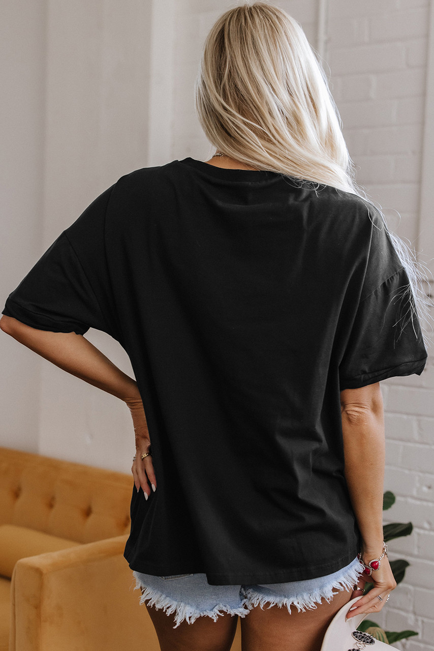 Black Western Shiny Horseshoes Pattern High Low Hem Casual T Shirt