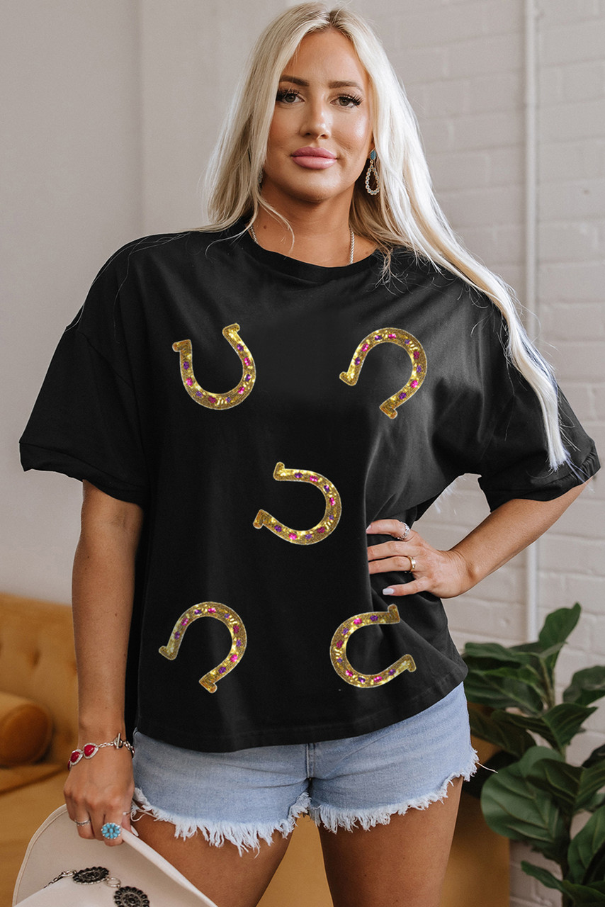 Black Western Shiny Horseshoes Pattern High Low Hem Casual T Shirt