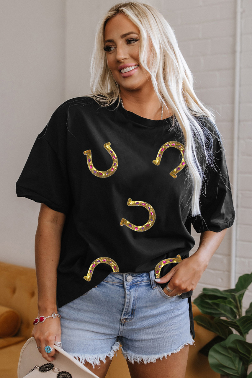 Black Western Shiny Horseshoes Pattern High Low Hem Casual T Shirt