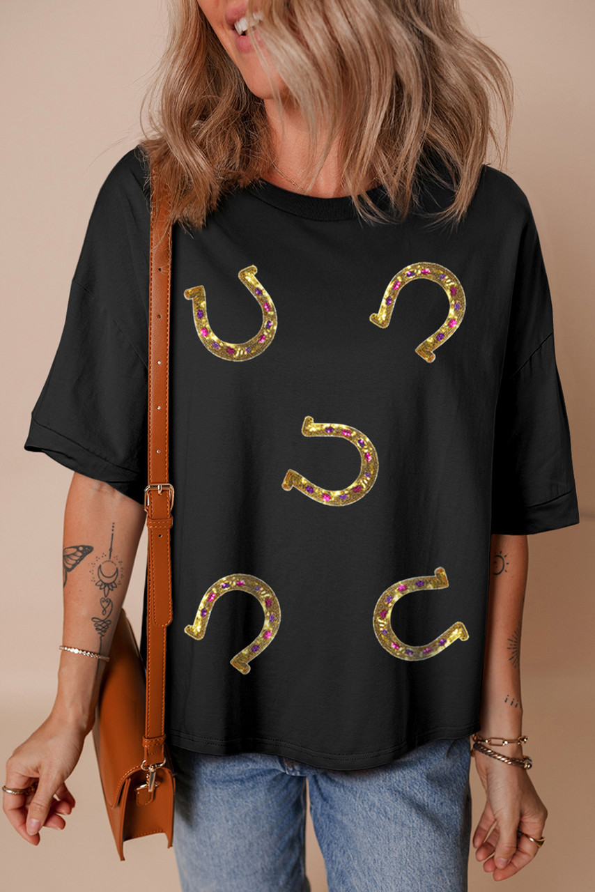 Black Western Shiny Horseshoes Pattern High Low Hem Casual T Shirt