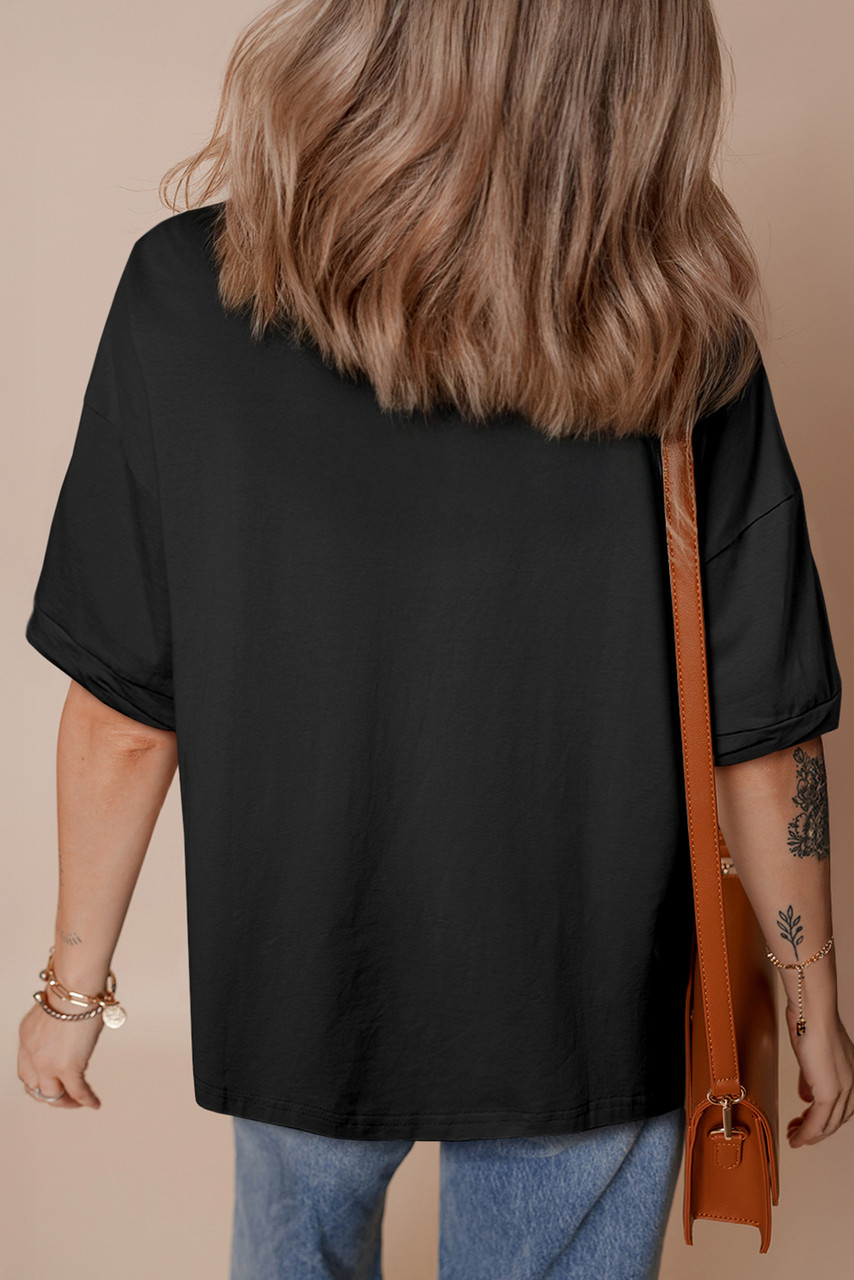 Black Western Shiny Horseshoes Pattern High Low Hem Casual T Shirt