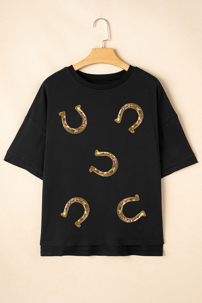 Black Western Shiny Horseshoes Pattern High Low Hem Casual T Shirt