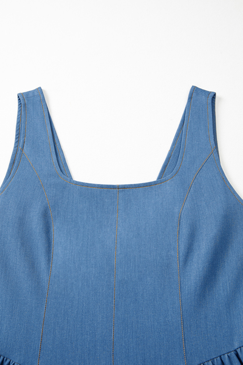 Myosotis Square Neck Pleated Waist V Cut Backless Tied Fit and Flare Dress