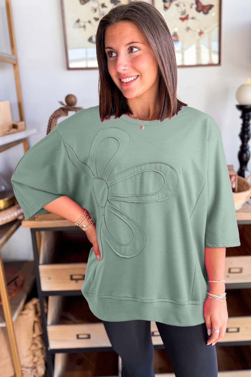 Clearly Aqua Floral Patched Half Sleeve Tunic Top