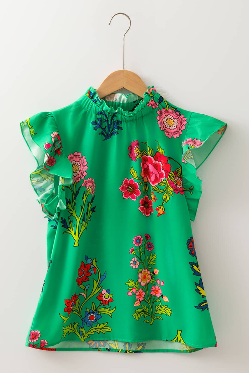 Green Floral Print Flutter Sleeve Frilly Neck Blouse