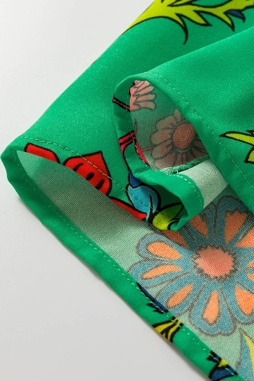 Green Floral Print Flutter Sleeve Frilly Neck Blouse