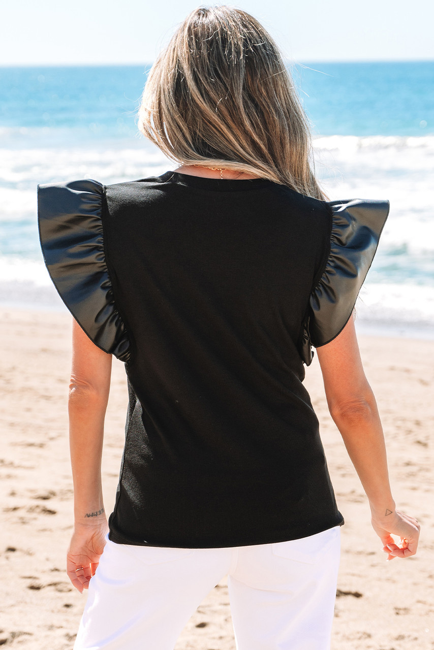 Black GAME DAY Checkered Letter Graphic Leatherette Ruffle Sleeve Top