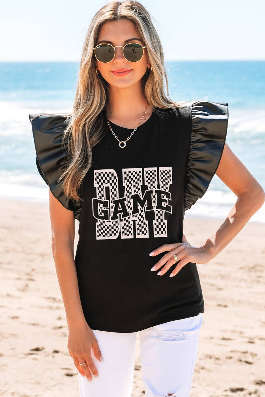 Black GAME DAY Checkered Letter Graphic Leatherette Ruffle Sleeve Top
