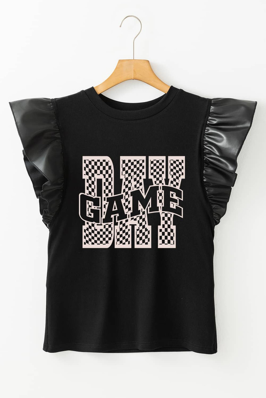 Black GAME DAY Checkered Letter Graphic Leatherette Ruffle Sleeve Top