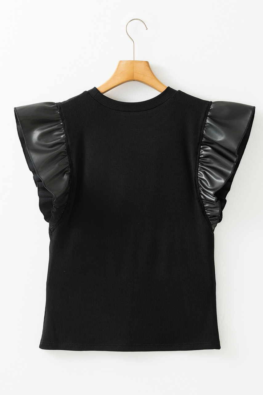 Black GAME DAY Checkered Letter Graphic Leatherette Ruffle Sleeve Top