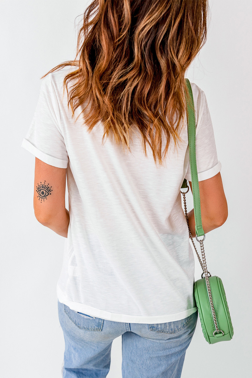 White Glitter Baseball Bow Patched Cotton Blend T Shirt